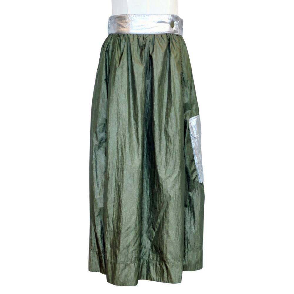 GANNI Nylon Olive & Silver Metallic Full Maxi Skirt Size EU 34 Logo Snap Closure